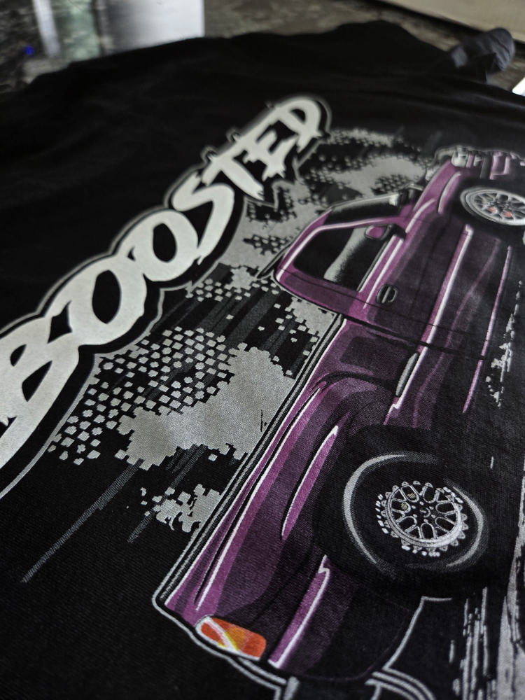 Boosted lowered truck graphic tee in purple and silver