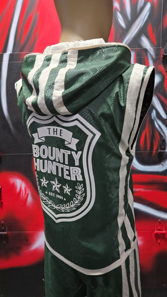 Custom "The Bounty Hunter" green snakeskin-pattern boxing robe with an embroidered shield crest