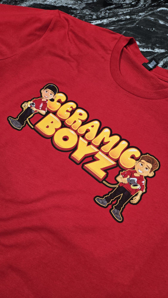 Ceramic Boyz red tee with bubble-letter cartoon logo