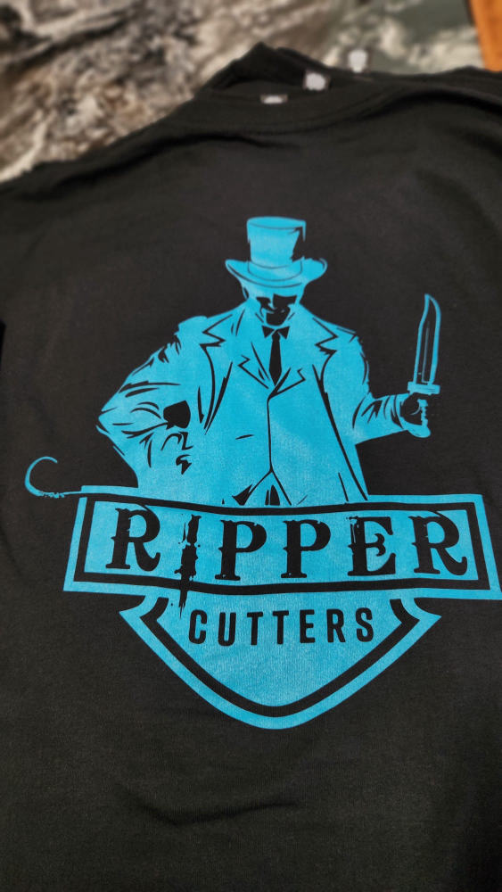 Ripper Cutters logo tee with a mysterious top-hat figure holding a knife