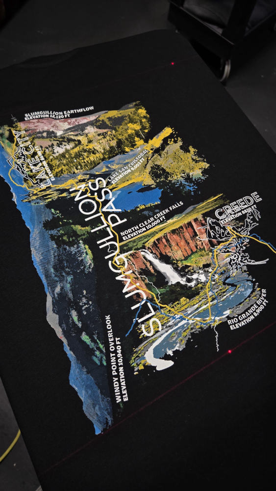 Full-color DTF print of a Slumgullion Pass, Lake City Colorado scenic map tee