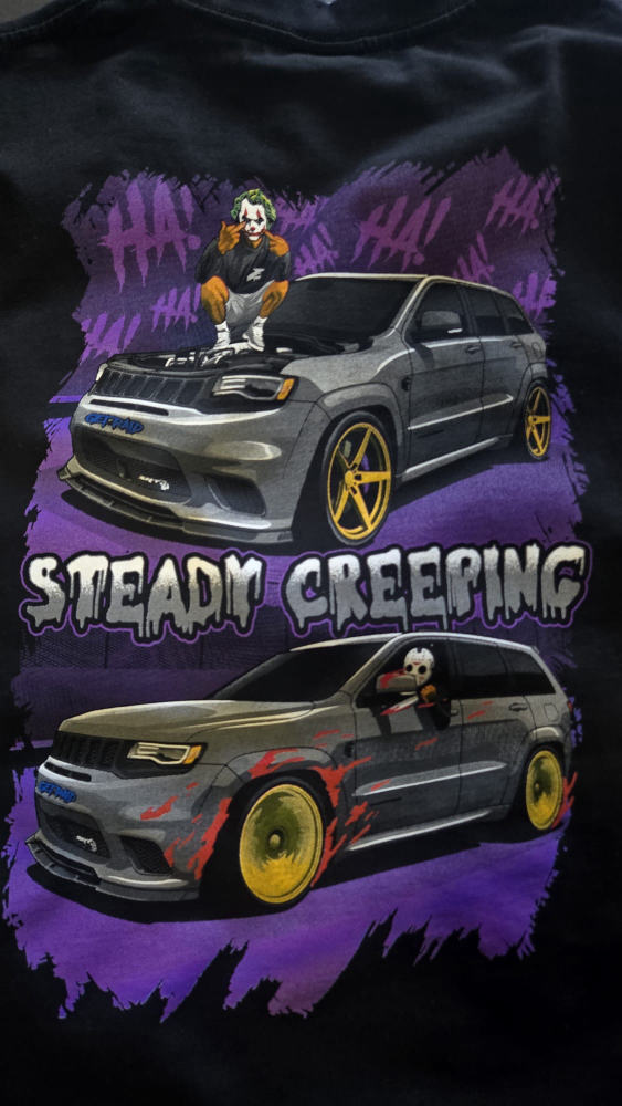 Steady Creeping horror-themed Jeep graphic tee with Joker and Jason characters