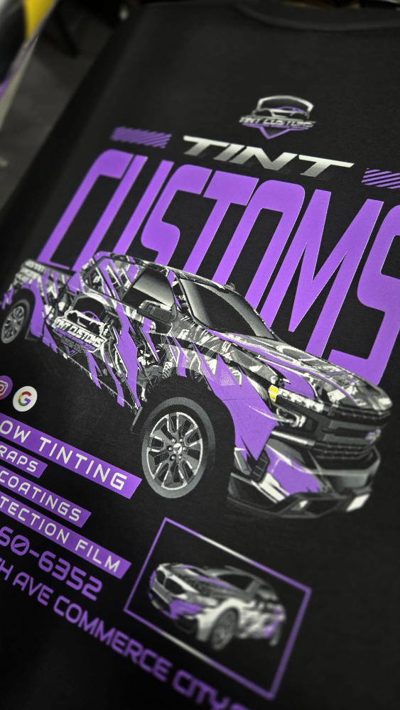 Tint Customs promo tee, full front view with contact info